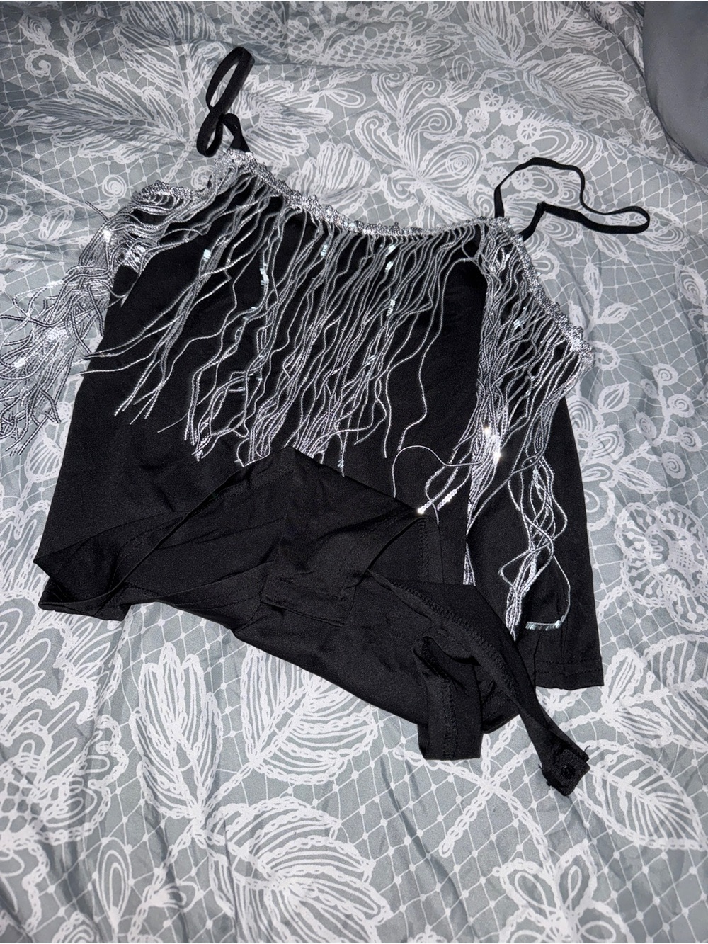 SHEIN Black Bodysuit with Silver Fringe